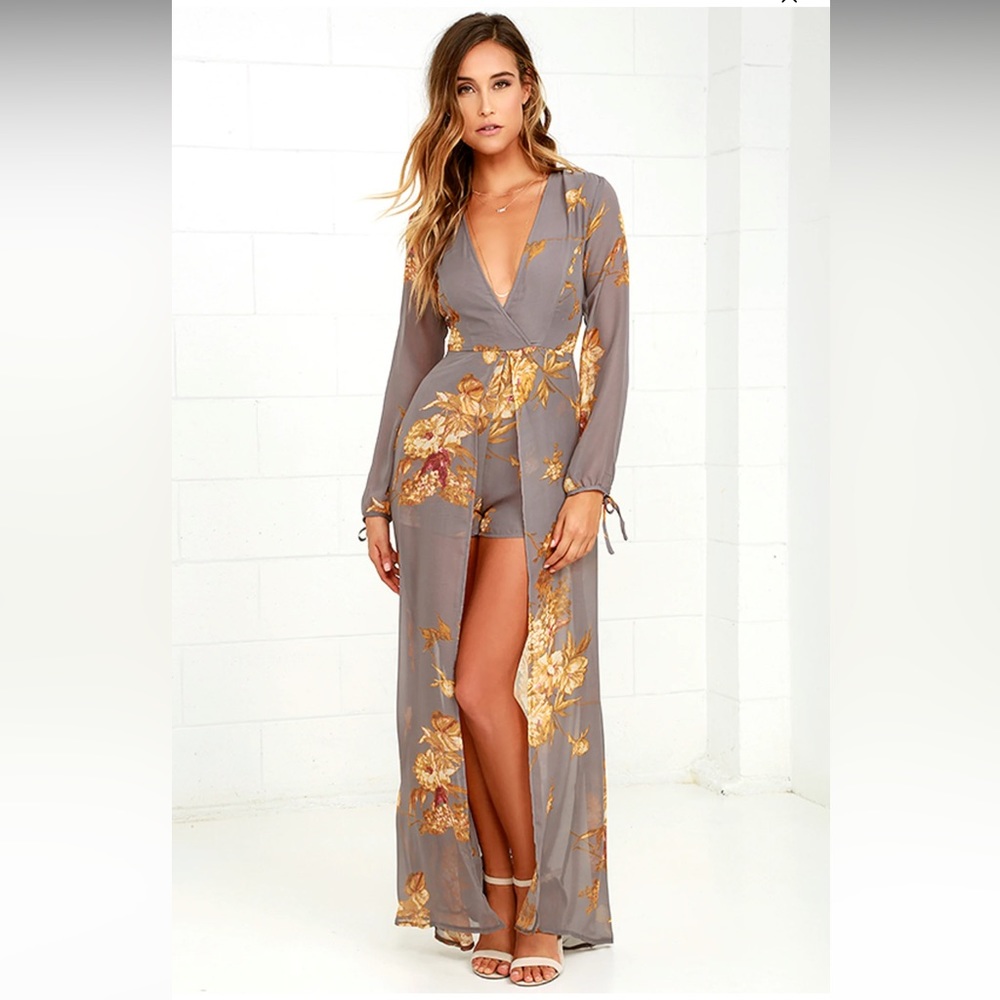 NWT Lulus Fine and Dandelion Grey Floral Print dress Romper